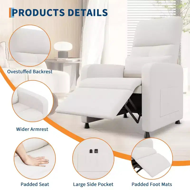 COZONY Adjustable Recliner Sofa Chair with USB Port, Tall Back, Padded Seat, 2 Side Pockets for Living Room Home Theater