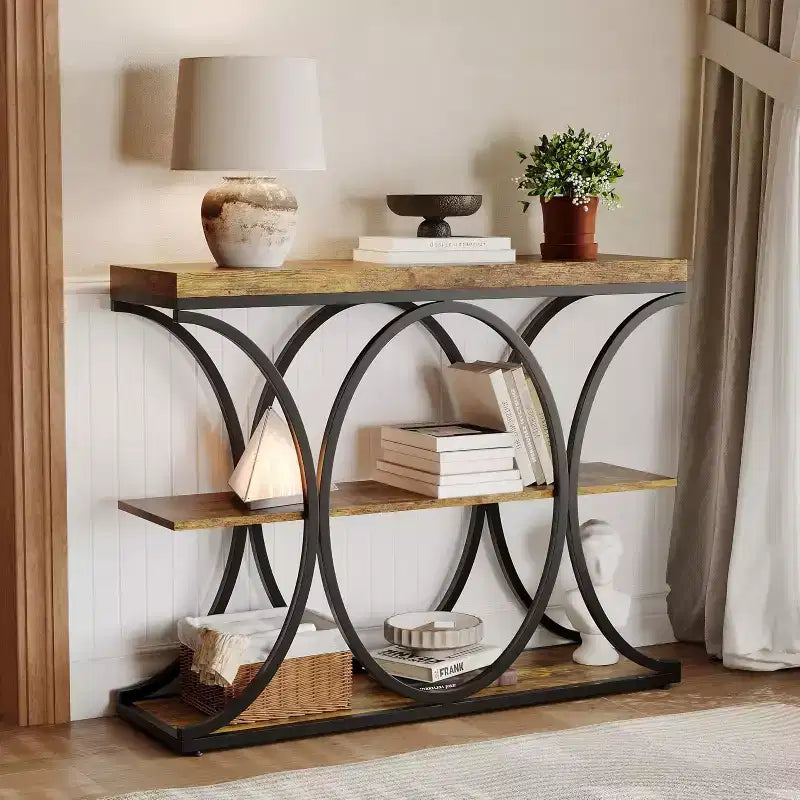 39 Narrow Entryway Table - 3 Tier Console Sofa Table with Open Storage Shelf, Oval Metal Frame, Home Accent Tables for Living Room Hallway, Foyer