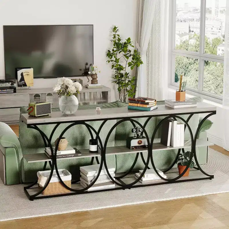 39 Narrow Entryway Table - 3 Tier Console Sofa Table with Open Storage Shelf, Oval Metal Frame, Home Accent Tables for Living Room Hallway, Foyer