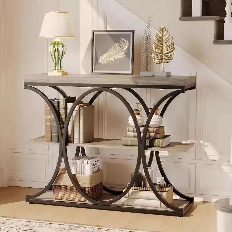 39 Narrow Entryway Table - 3 Tier Console Sofa Table with Open Storage Shelf, Oval Metal Frame, Home Accent Tables for Living Room Hallway, Foyer