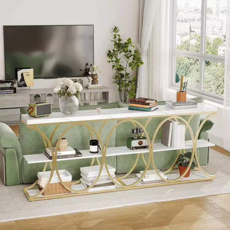 39 Narrow Entryway Table - 3 Tier Console Sofa Table with Open Storage Shelf, Oval Metal Frame, Home Accent Tables for Living Room Hallway, Foyer