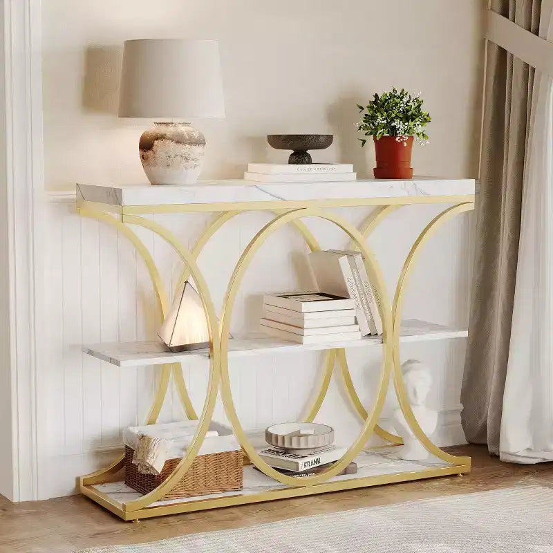 39 Narrow Entryway Table - 3 Tier Console Sofa Table with Open Storage Shelf, Oval Metal Frame, Home Accent Tables for Living Room Hallway, Foyer