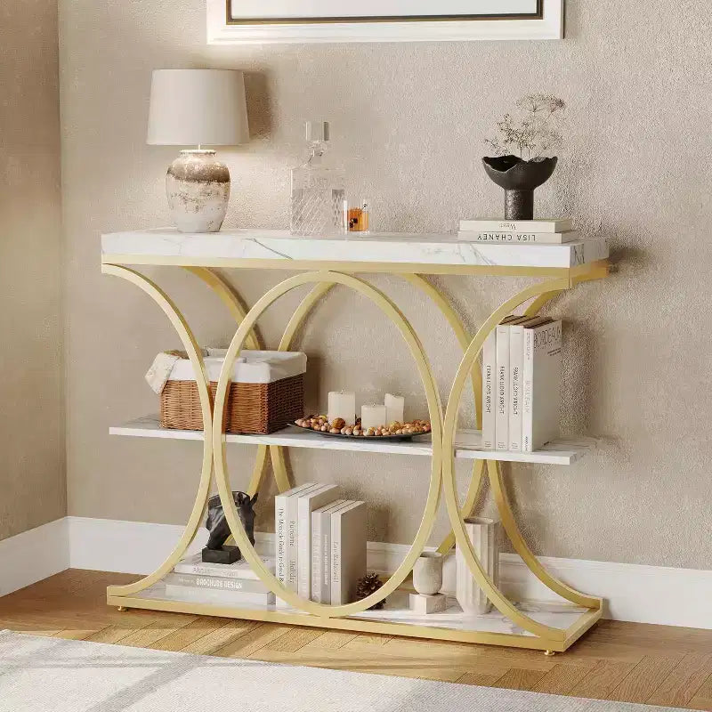 39 Narrow Entryway Table - 3 Tier Console Sofa Table with Open Storage Shelf, Oval Metal Frame, Home Accent Tables for Living Room Hallway, Foyer