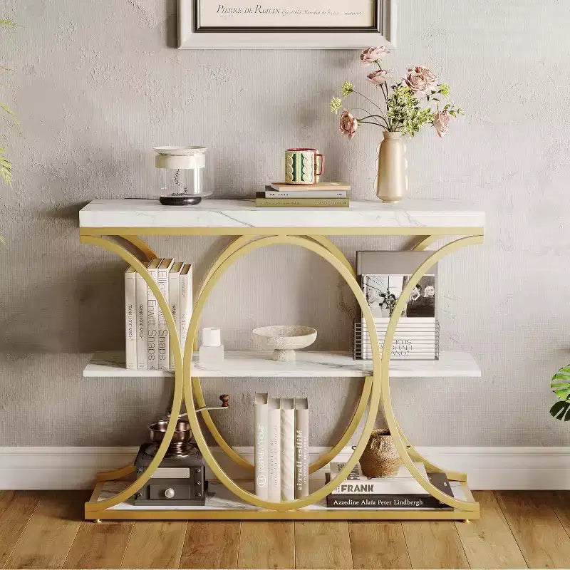 39 Narrow Entryway Table - 3 Tier Console Sofa Table with Open Storage Shelf, Oval Metal Frame, Home Accent Tables for Living Room Hallway, Foyer