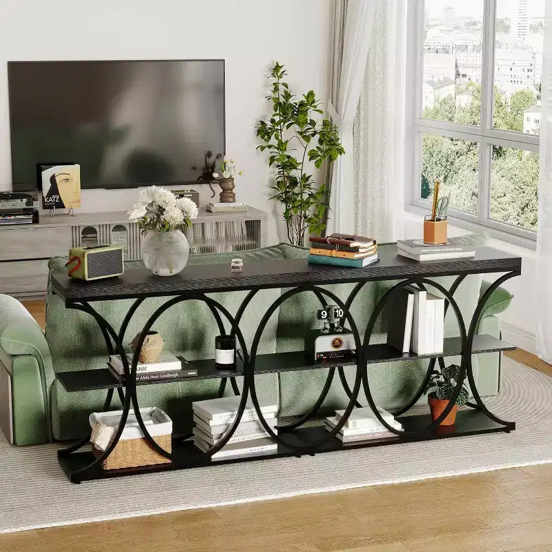 39 Narrow Entryway Table - 3 Tier Console Sofa Table with Open Storage Shelf, Oval Metal Frame, Home Accent Tables for Living Room Hallway, Foyer