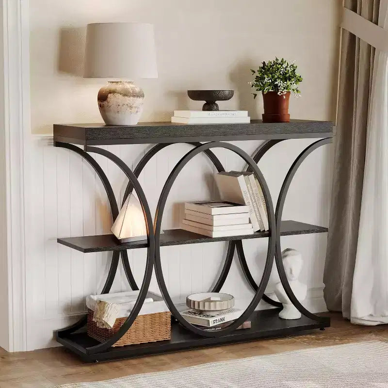 39 Narrow Entryway Table - 3 Tier Console Sofa Table with Open Storage Shelf, Oval Metal Frame, Home Accent Tables for Living Room Hallway, Foyer