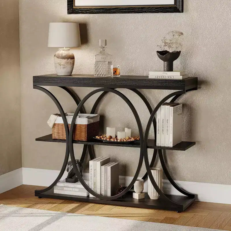 39 Narrow Entryway Table - 3 Tier Console Sofa Table with Open Storage Shelf, Oval Metal Frame, Home Accent Tables for Living Room Hallway, Foyer
