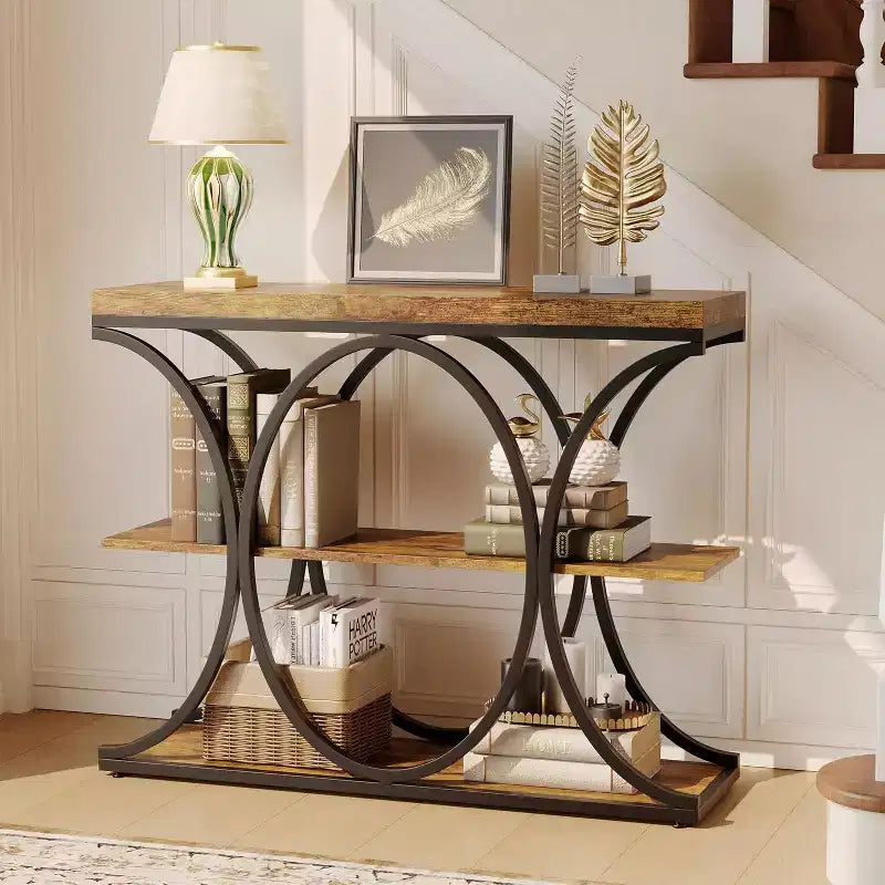 39 Narrow Entryway Table - 3 Tier Console Sofa Table with Open Storage Shelf, Oval Metal Frame, Home Accent Tables for Living Room Hallway, Foyer