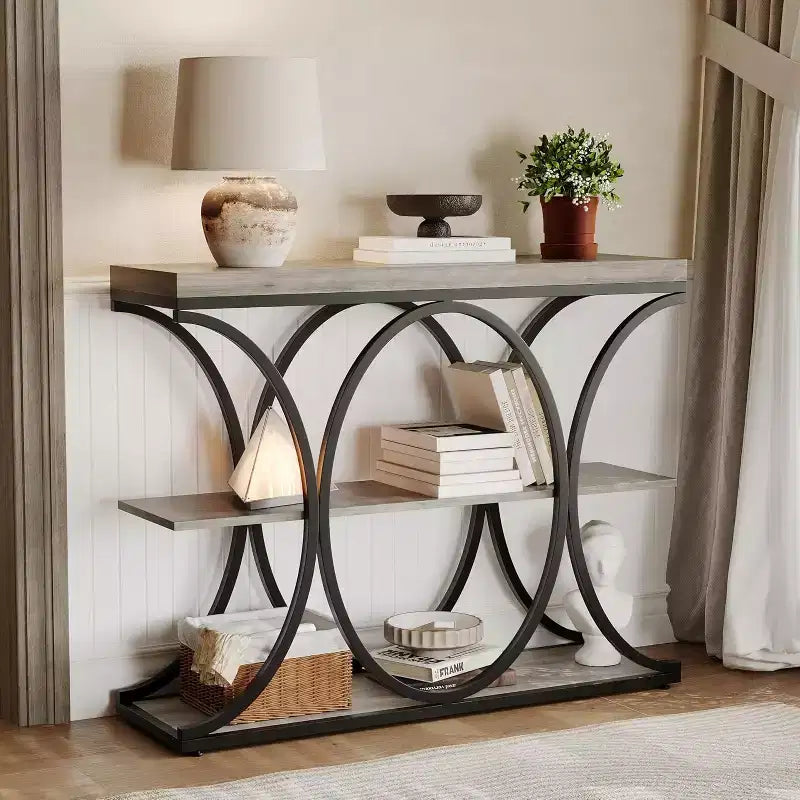 39 Narrow Entryway Table - 3 Tier Console Sofa Table with Open Storage Shelf, Oval Metal Frame, Home Accent Tables for Living Room Hallway, Foyer