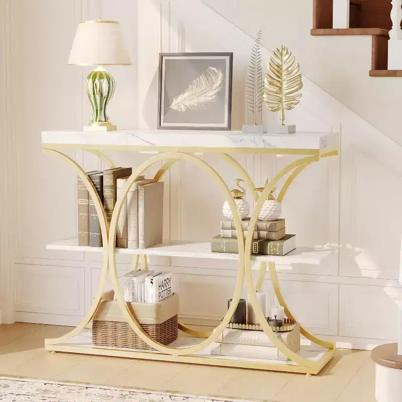 39 Narrow Entryway Table - 3 Tier Console Sofa Table with Open Storage Shelf, Oval Metal Frame, Home Accent Tables for Living Room Hallway, Foyer