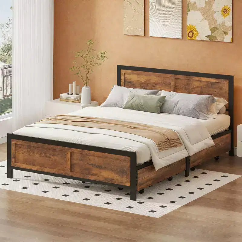Dyonery retro style bed frame, with 4 detachable pulley storage baskets, easy installation, and thickened metal frame