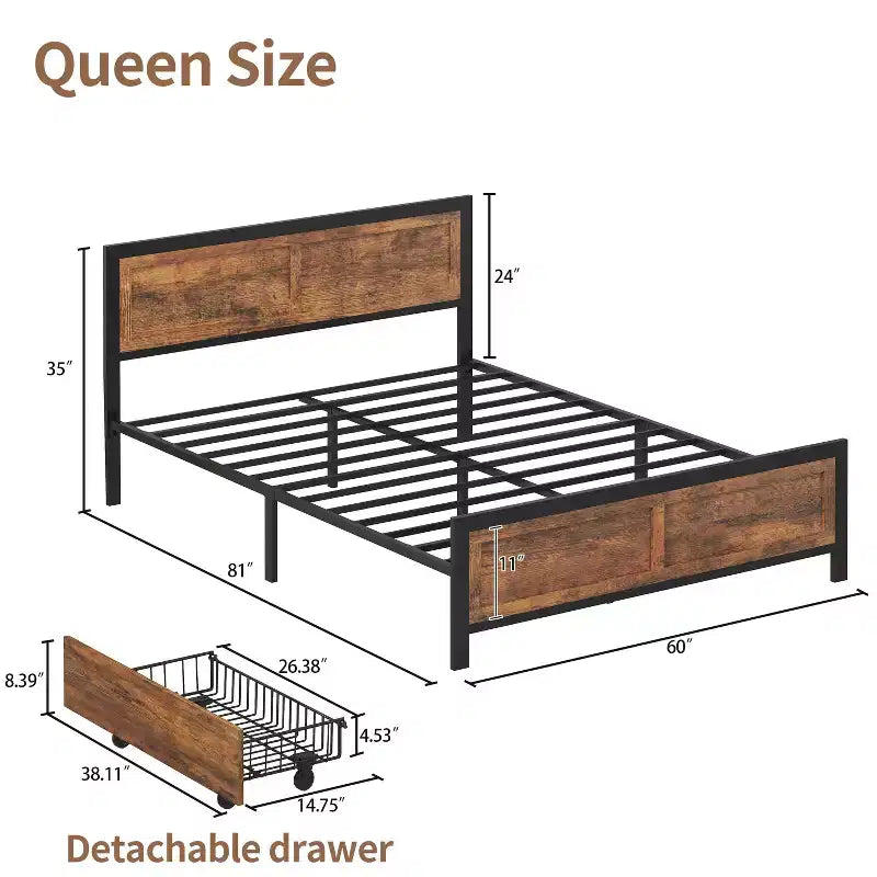 Dyonery retro style bed frame, with 4 detachable pulley storage baskets, easy installation, and thickened metal frame