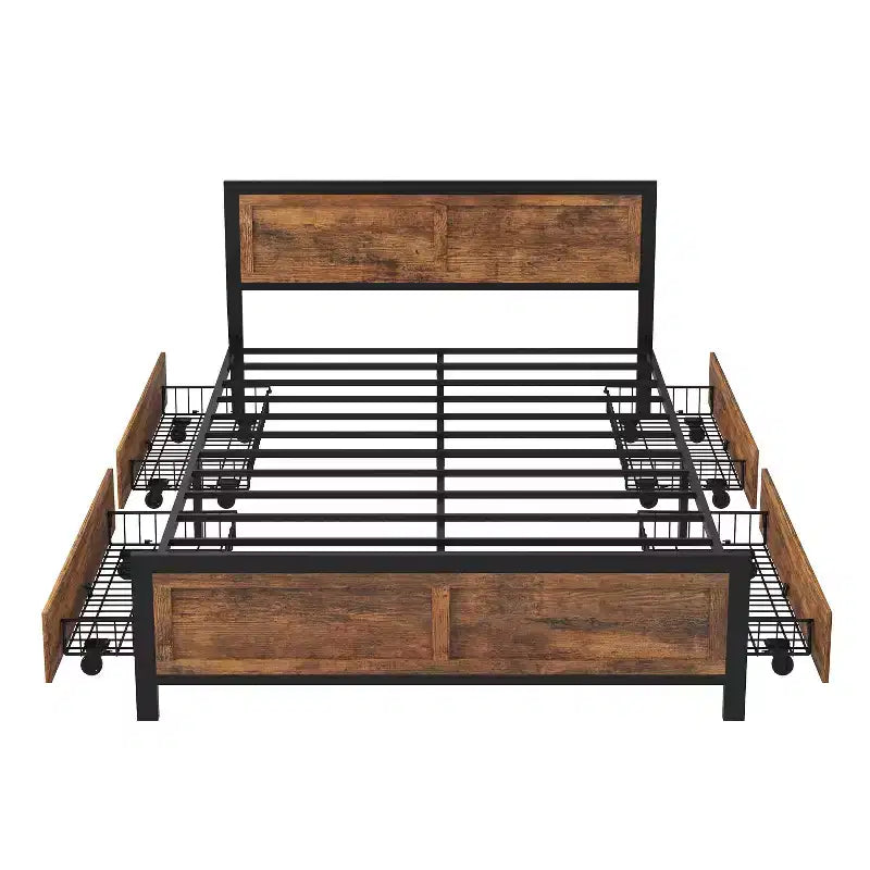 Dyonery retro style bed frame, with 4 detachable pulley storage baskets, easy installation, and thickened metal frame