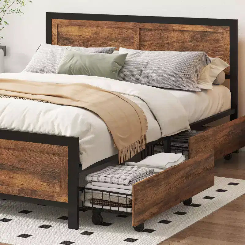 Dyonery retro style bed frame, with 4 detachable pulley storage baskets, easy installation, and thickened metal frame