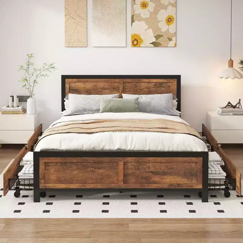 Dyonery retro style bed frame, with 4 detachable pulley storage baskets, easy installation, and thickened metal frame