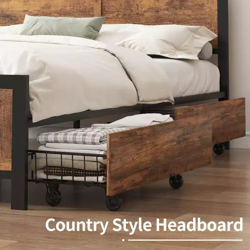 Dyonery retro style bed frame, with 4 detachable pulley storage baskets, easy installation, and thickened metal frame