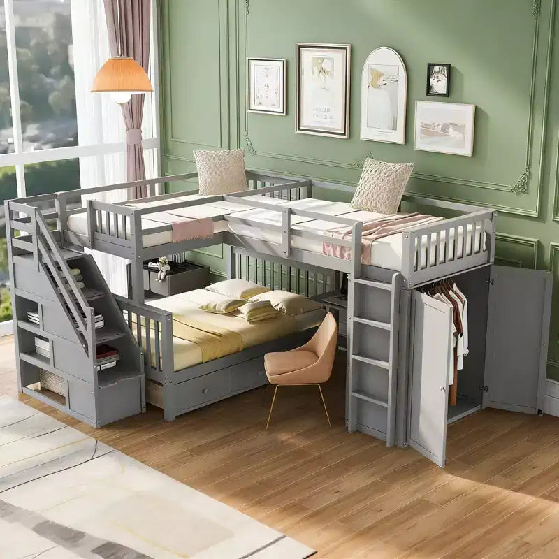 Luxystar Twin Over Twin Over Full L-shaped Bunk Bed With Drawers, Desk, Shelves and Armoire
