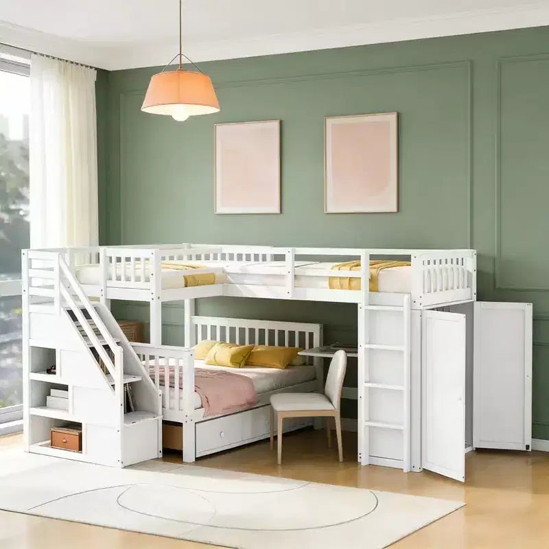 Luxystar Twin Over Twin Over Full L-shaped Bunk Bed With Drawers, Desk, Shelves and Armoire
