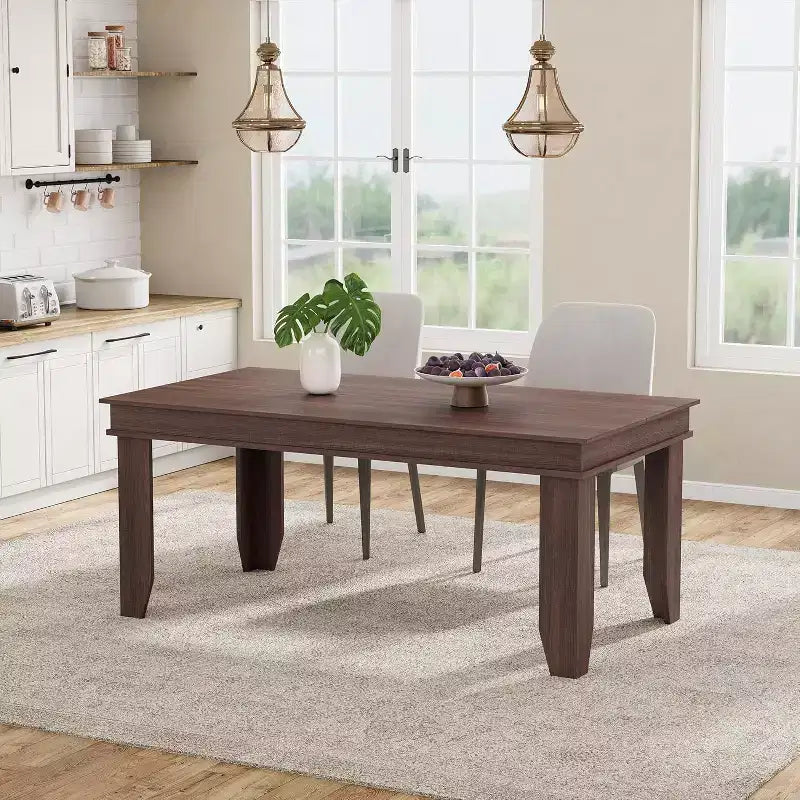 Farmhouse Dining Table for 4-6, 63 Inch Rectangular Kitchen Table Wooden Frame Brown Finish for Dining Room