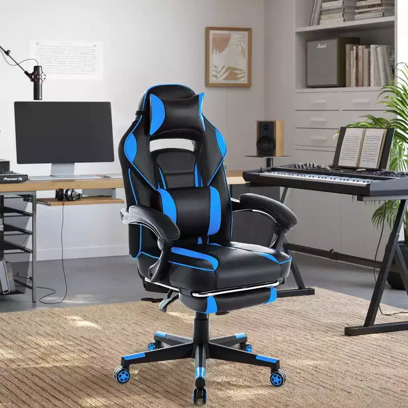 High Back PU Leather Gaming Chair Ergonomic Computer Chair with Headrest, Retractable Footrest, Lumbar Support, 360 Swivel, Height Adjust, Black