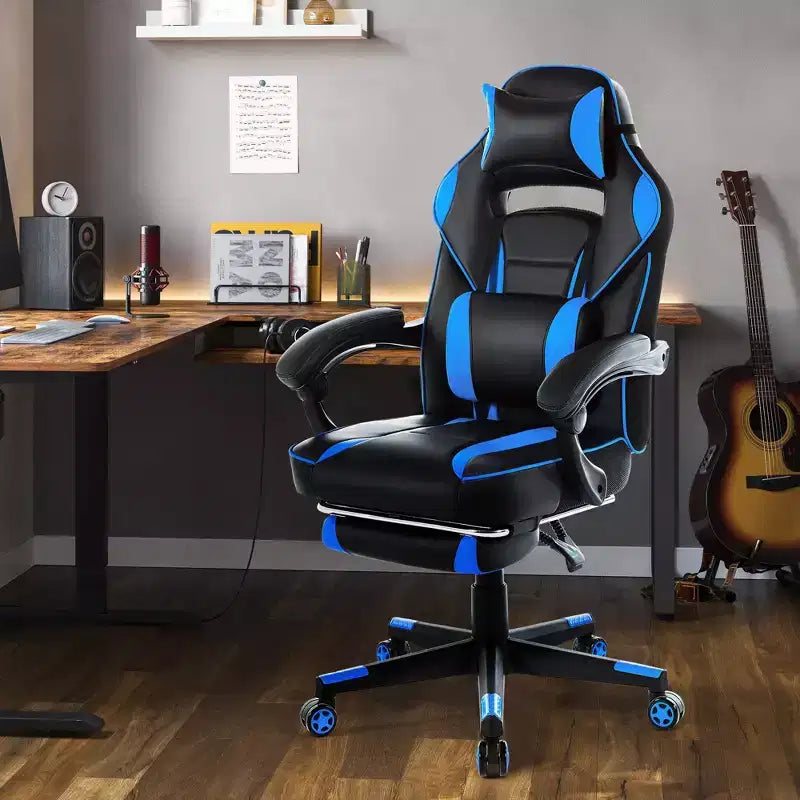 High Back PU Leather Gaming Chair Ergonomic Computer Chair with Headrest, Retractable Footrest, Lumbar Support, 360 Swivel, Height Adjust, Black