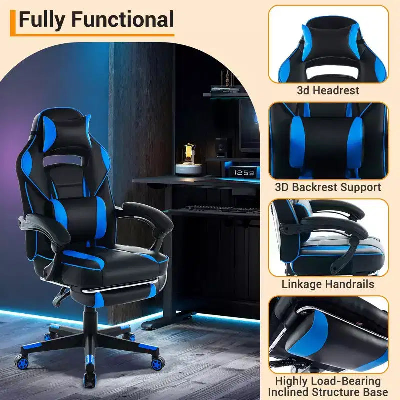 High Back PU Leather Gaming Chair Ergonomic Computer Chair with Headrest, Retractable Footrest, Lumbar Support, 360 Swivel, Height Adjust, Black