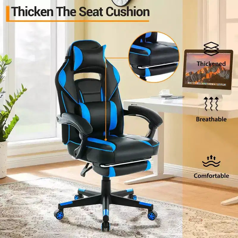 High Back PU Leather Gaming Chair Ergonomic Computer Chair with Headrest, Retractable Footrest, Lumbar Support, 360 Swivel, Height Adjust, Black