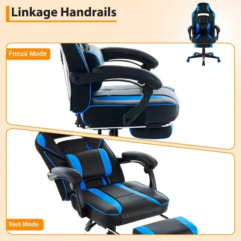 High Back PU Leather Gaming Chair Ergonomic Computer Chair with Headrest, Retractable Footrest, Lumbar Support, 360 Swivel, Height Adjust, Black