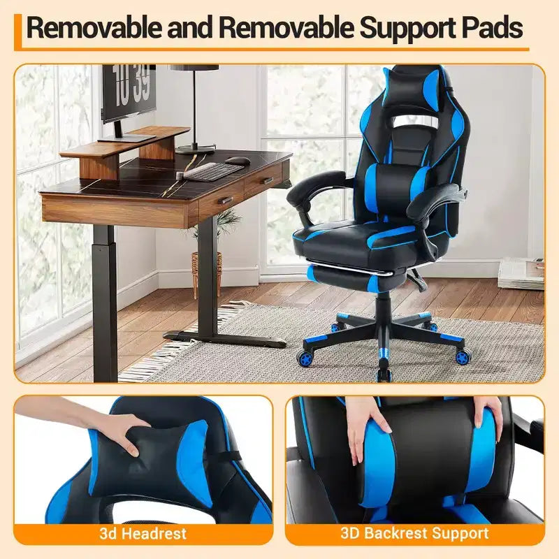 High Back PU Leather Gaming Chair Ergonomic Computer Chair with Headrest, Retractable Footrest, Lumbar Support, 360 Swivel, Height Adjust, Black