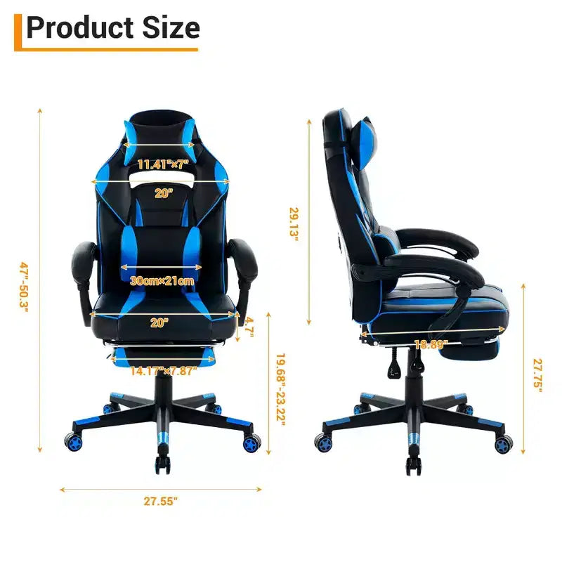 High Back PU Leather Gaming Chair Ergonomic Computer Chair with Headrest, Retractable Footrest, Lumbar Support, 360 Swivel, Height Adjust, Black