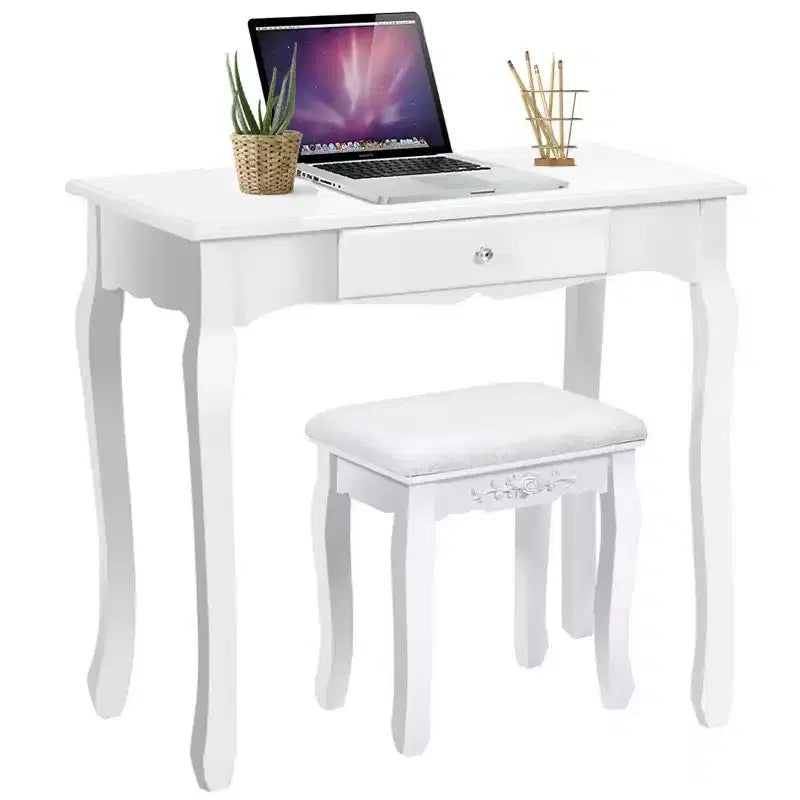 Costway White Vanity Wood Makeup Dressing Table Stool 3 Drawer